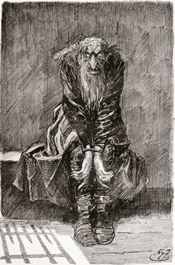 Fagin na Cela Condenada. "Sentou-se num banco de pedra em frente à porta, que servia de assento e de cama, e lançando os seus olhos de sangue sobre o grond, tentou recolher os seus pensamentos. "Ilustração de Harry Furniss para o romance de Charles Dickens de Harry Furniss