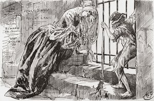 Lady Dedlock e Jo. "Ele foi lá colocado", diz Jo, agarrado às barras e olhando para dentro, enquanto a Lady Dedlock encolhe num canto. Ilustração de Harry Furniss para o romance Charles Dickens Bleak House, de The Testimonial Edition, publicado em 1910. de Harry Furniss