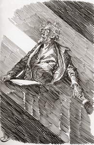 Magwitch sob pena de morte. "Um amplo raio de luz entrou pelas grandes janelas do tribunal. Erguendo-se por um momento, uma mancha de rosto distinta neste raio de luz, o prisioneiro disse: "Meu Senhor, recebi a minha sentença de Morte do Todo-Poderoso de Harry Furniss
