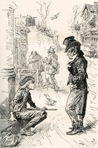 Oliver cai com The Artful Dodger. "Hullo, meu coiro, qual é a fila?" disse este estranho jovem cavalheiro a Oliver. "Estou com muita fome e cansado", respondeu Oliver; as lágrimas em pé nos seus olhos enquanto ele falava. "Percorri um longo caminho. Tenho  de Harry Furniss
