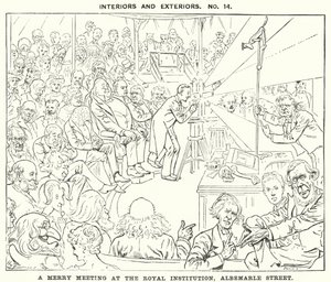 Soco cartoon: A Merry Meeting at the Royal Institution, Albemarle Street, Londres (gravura) de Harry Furniss