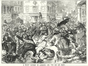Soco cartoon: Um Domingo calmo em Londres; ou, o Dia de Descanso (gravura) de Harry Furniss