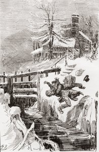 A Luta Mortal na Fechadura. "Aint I told you". "Vou manter-te vivo, e vou manter-te morto" gritou Bradley, enquanto o Riderhood recuava sobre o poço liso, e Bradley Headstone sobre ele". Ilustração de Harry Furniss para o romance de Charles Dickens de Harry Furniss