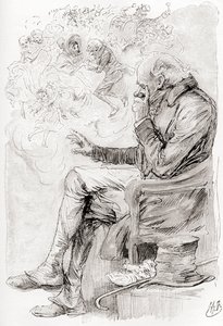 O Sonho de Trotty. "Teria Trotty sonhado? Ou serão as suas alegrias e tristezas, e os seus actores, mas um sonho; ele próprio um sonho; o contador deste conto um sonhador, acordando mas agora?" Ilustração de Harry Furniss para o conto The Chimes from The C de Harry Furniss
