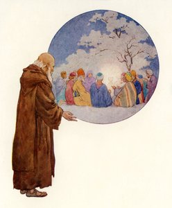 Um druida vê José e os seus companheiros no primeiro banquete na Grã-Bretanha (litografia a cores) de Harry George Theaker