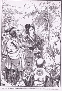 Todas as árvores murchas ficaram instantaneamente cobertas de belas flores de cerejeira (O Velho que fez florescer as árvores murchas) (litografia) de Harry George Theaker