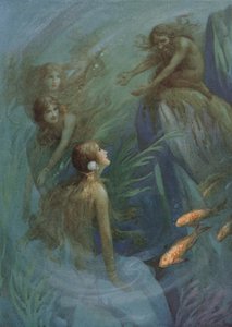 Andvari e as Donzelas do Reno, de "O Ouro do Reno" (litografia a cores) de Harry George Theaker