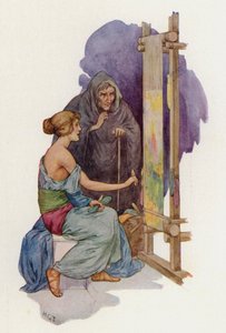 Aracne prestes a ser transformada em aranha por uma Minerva disfarçada (litografia a cores) de Harry George Theaker