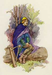 Enquanto se sentava, o jovem balbuciou uma canção triste (litografia a cores) de Harry George Theaker