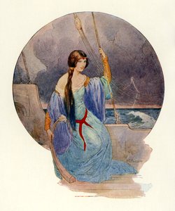 "Por fim, quando um relâmpago vívido envolveu todo o navio em chamas azuis, a canção cessou subitamente" (litografia a cores) de Harry George Theaker