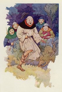 Ao primeiro toque da ponta da flecha no seu manto, o Abade saltou no ar com um guincho (litografia a cores) de Harry George Theaker