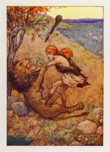 David apanhou o grande animal e matou-o (litografia a cores)