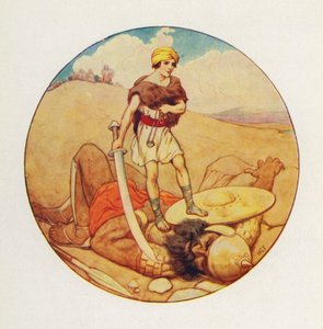 David agarrou na espada do próprio gigante e cortou a cabeça de Golias (litografia a cores) de Harry George Theaker