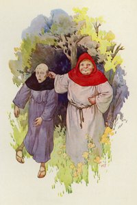 Frei Tuck conduzido pela orelha por um monge de aspeto magro e miserável (litografia a cores) de Harry George Theaker