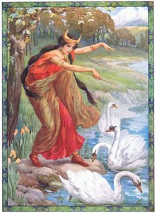 "Em vez dos quatro filhos, o que é que ela viu" (dos Filhos de Lir) (litografia a cores) de Harry George Theaker