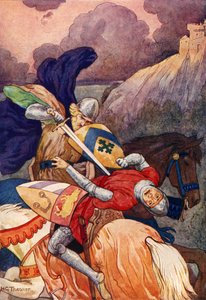O Rei Artur apunhalando o seu inimigo no peito (litografia a cores) de Harry George Theaker