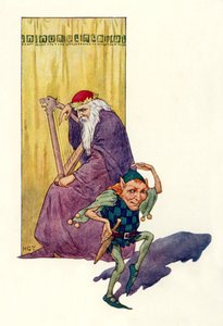 Menestréis e anões divertem o rei (litografia a cores) de Harry George Theaker