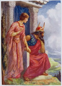Odin e Frigga" de "Asgard e o seu rei" ilustrado para "Histórias infantis das lendas do Norte" publicado por Raphael Tuck de Harry George Theaker