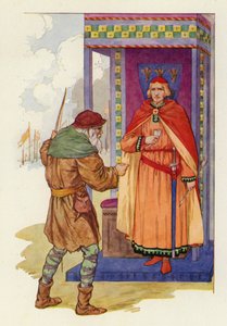"Velho", disse o conde João, "quem me dera que me tivessem cortado a mão direita, em vez de te darem este prémio" (litografia a cores) de Harry George Theaker