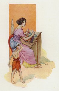 Penélope com o seu filho Telémaco (litografia a cores) de Harry George Theaker