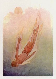 Phaeton com o cabelo em chamas, caindo num rio profundo e fresco (litografia a cores) de Harry George Theaker