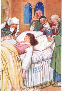 A Princesa Aldebonda e os seus Médicos (do conto "Os Peregrinos do Amor"), ilustração de "Contos de Alhambra", c.1940 (litografia a cores) de Harry George Theaker