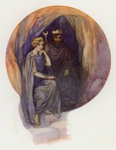 Prosérpina sentada, vestida com longas vestes negras, num grande trono negro, com o feroz rei negro ao seu lado (litografia a cores) de Harry George Theaker