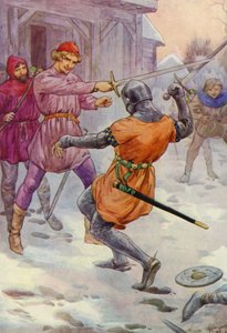 Robin saltou à volta dele e bateu onde queria (litografia a cores) de Harry George Theaker