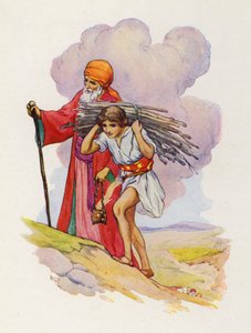 Lado a lado, Abraão e Isaac sobem o caminho íngreme (litografia a cores) de Harry George Theaker