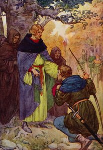 "Senhor", disse Robin, ajoelhando-se, "nós de Sherwood pedimos um perdão real" (litografia a cores)