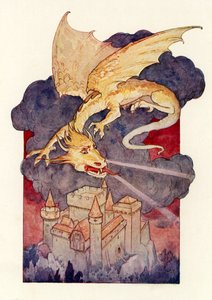 "O dragão estendeu as suas asas e pairou, equilibrado, sobre o castelo" (litografia a cores) de Harry George Theaker