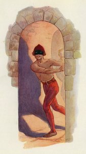 O primeiro deles estava nu da cintura para cima e usava uma máscara preta (litografia a cores) de Harry George Theaker