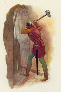 O martelo voltou a girar e, com um segundo golpe violento, abriu-lhes uma saída (litografia a cores) de Harry George Theaker