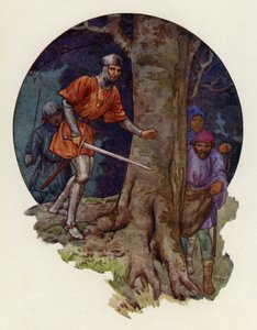 "Finalmente, os fora da lei!", gritou o xerife e, com a espada desembainhada, correu para o local onde as figuras tinham desaparecido (litografia a cores) de Harry George Theaker