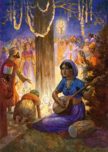 "Vieram com grinaldas, candeeiros e música" (litografia a cores) de Harry George Theaker