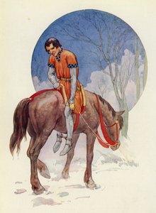 Assim, Guy partiu, virado para eles, com os pés bem presos debaixo do cavalo (litografia a cores) de Harry George Theaker
