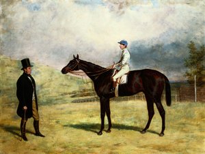 Um cavalheiro por seu cavalo de corrida com Jockey Up em uma pista de corridas, 1863 de Harry Hall