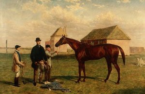"Thunderbolt", um cavalo de corrida de castanhas com o seu dono e Jockey