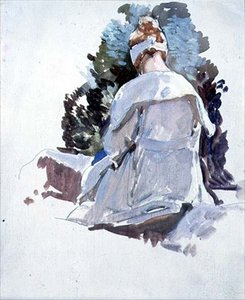 Mulher com um vestido branco sentada sobre pedras (óleo sobre papel)