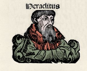 Retrato do filósofo grego Heraclito de Éfeso (576-480 AC) (Heraclito de Éfeso). Xilografia de "Crónicas de Nuremberga" de Hartmann Schedel
