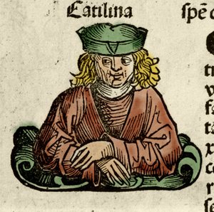 Representação de Catilina (Lucius Sergius Catilina) (108-62 AC), um político romano que conspirou contra o Senado. Gravura de "Liber chronicarum" de Hartmann Schedel