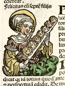 Representação de Santa Felicite, martírio em Roma com as cabeças de seus sete filhos. xilografia de Hartmann Schedel "Crônicas de Nuremberg" 1493. de Hartmann Schedel