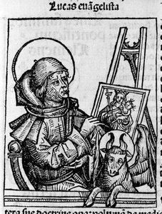 Representação do Evangelista São Lucas. Gravura de "Liber chronicarum" (Crónicas de Nuremberga) de Hartmann Schedel 1493