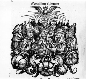O Conselho de Nicéia. Ilustração de "Crónicas Universais de Nuremberga" de H. Schedel de Hartmann Schedel