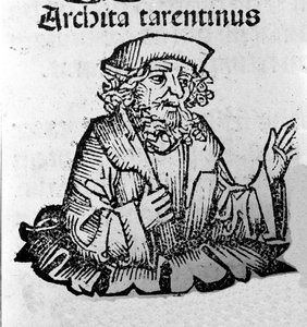 O filósofo grego Archytas de Taranto (435-347 AC) filósofo pitagorista, matemático, astrônomo. Xilografia de "Crónicas de Nuremberga" de Hartmann Schedel