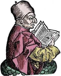 O historiador e teólogo Bede, o Venerável (673-735) (Beda Venerabilis). Xilografia de "Crónicas de Nuremberga" de Hartmann Schedel