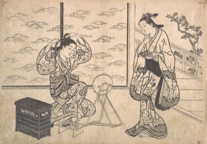Duas mulheres em uma abertura de quarto em uma varanda, ca. 1730. de Hasegawa Mitsunobu