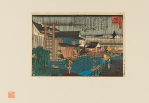 Impressão em xilogravura - cena de chuva em kita-shinchi em Osaka. Pessoas com guarda-chuvas, século XIX