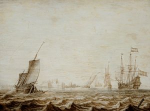 Um Wijdschip a baixar a vela num mar agitado, meados do século XVII (óleo sobre painel) de Heerman Witmont