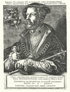 João de Leiden, líder anabaptista holandês e um dos líderes da Rebelião de Munster de 1534-1535 (gravura) de Heinrich (after) Aldegrever